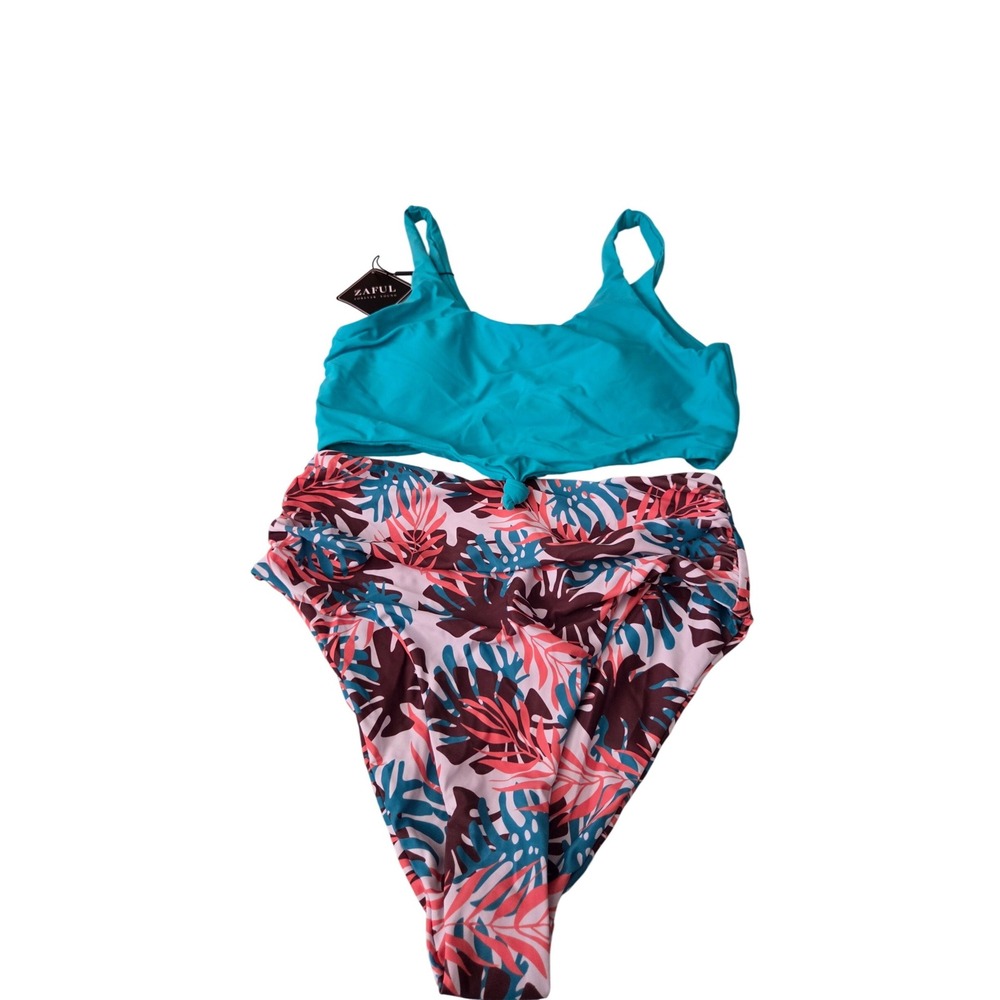 Zaful Womens Teal Tropical Leaf Print High Waisted Bikini Set Size Medium NWT